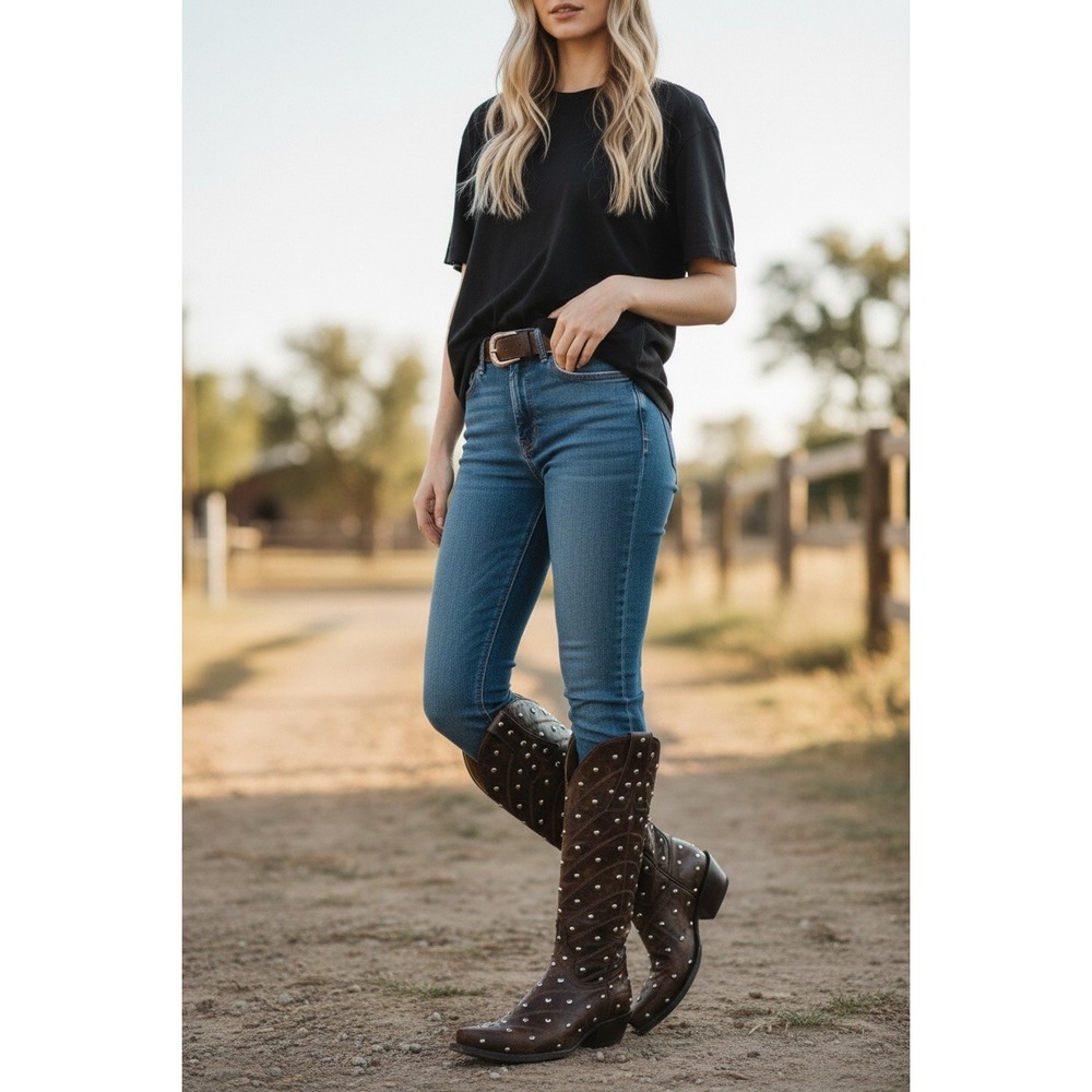 Old Gringo Western Boots Size 6.5 B Brown Studded Leather Snip Toe Tall Cowgirl - Picture 3 of 8